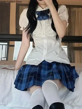 Плиссированный Милый клетчатый комплект, Белая школьная рубашка для косплея Kawaii, аниме-девушка, Корейская милая униформа И Японская