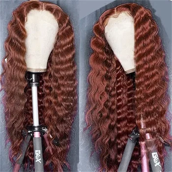 Красновато-Коричневый Глубокая Волна 13x4 Синтетические Волосы На Кружеве Человеческих Волос Парик Remy Медь Красного Цвета Воды Вьющиеся Человеческие Волосы Парики