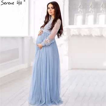 Синие сексуальные вечерние платья трапециевидной формы с круглым вырезом, цветы ручной работы, Длинные рукава, простые вечерние платья 2023 Serene Hill HA2258