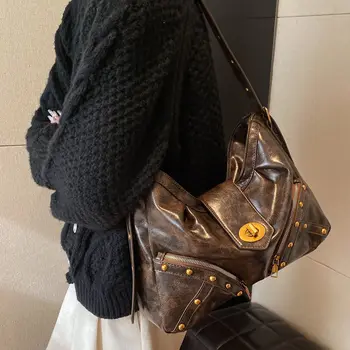 Брендовая Дизайнерская женская сумка через плечо из искусственной кожи в складку, мотоциклетная сумка через плечо с заклепками и молнией, сумка-бродяга, сумочка-бродяга