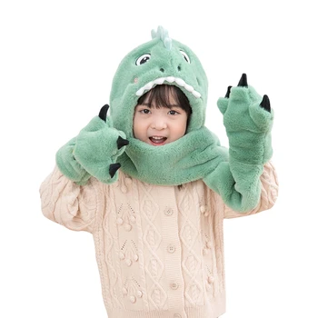 Детский зимний шарф из чистого хлопка, теплый и удобный, пушистый шарф с капюшоном в форме мультяшного динозавра и перчатки
