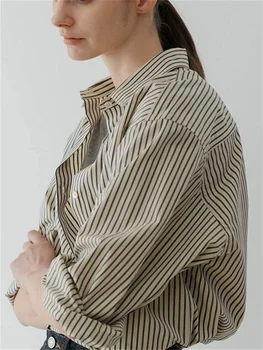 Осень 2023, женская рубашка с отложным воротником в полоску, однобортные женские повседневные блузки с длинным рукавом Осень 2023, женская рубашка с отложным воротником в полоску, однобортные женские повседневные блузки с длинным рукавом 1