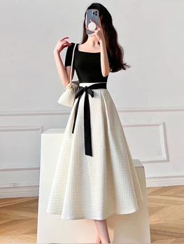 Новое французское Маленькое Ароматное летнее платье в стиле пэчворк с квадратным вырезом, пышными рукавами и бантом, миди-платья для женщин 2023, Винтажная одежда, элегантная