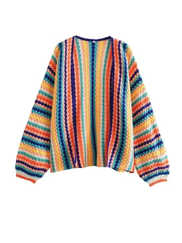 Осенний Контрастный кардиган в этническом стиле, свитер с цветочным узором, вязаный свитер, свободная куртка в цветную полоску, уличная одежда, свободный Ажурный стежок.