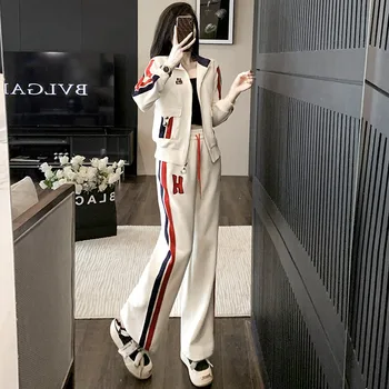 Модный женский спортивный костюм 2023 года, толстовка в стиле пэчворк с длинным рукавом, пальто и широкие брюки, комплект из двух предметов, Повседневный спортивный костюм