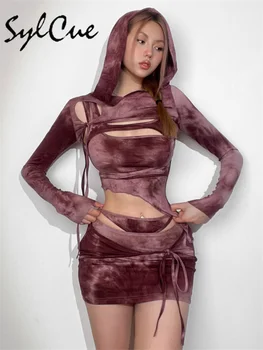 Вельветовый костюм Sylcue с камуфляжным принтом в стиле Ретро, Высококачественный комплект для уличных путешествий, Сочетающийся Сексуальный Женский комплект из двух предметов С капюшоном