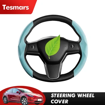 Чехол на руль Tesmars для Tesla Модель 3, модель Y, модель S, черный, красный, из углеродного волокна, кожаный, с защитой от меха, D-образной круглой формы