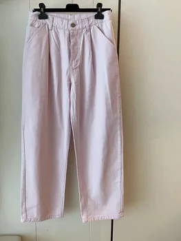 Модные Карманы с вышивкой цветами Прямые джинсы для женщин Весна 2024 г. Высококачественные винтажные розовые брюки из хлопчатобумажной саржи Женские