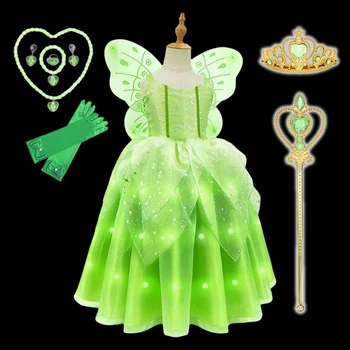Тинкер Белл светодиодные Принцесса Хэллоуин косплей девушки партия Зеленая Цветочная фея платье Эльф, костюм конфеты блеск бабочка