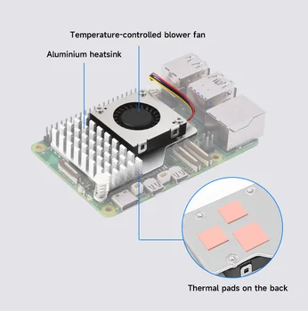 Активный вентилятор охлаждения Raspberry Pi5, алюминиевый радиатор, с термоподушками