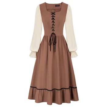 Женское винтажное платье со шнуровкой на корсете с квадратным вырезом, платье контрастного цвета в стиле Ренессанс, расклешенное платье трапециевидной формы с длинным рукавом, приталенного покроя.