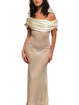 Женское элегантное кружевное платье макси из прозрачной сетки с разрезом на спине, летнее пляжное платье-маскировка, клубная одежда, миди-платье