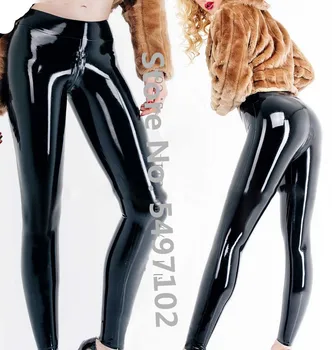 Эластичные брюки из натурального латекса, крутые черные женские латексные леггинсы с застежкой-молнией в промежности