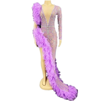 Модные Сексуальные Фиолетовые женские блестящие стразы, платье с пайетками, вечерний клуб, сценический костюм, фестивальная рейв-одежда, наряды трансвеститов