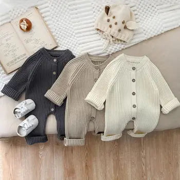 Осенне-зимняя одежда, вязаный кардиган для новорожденных, однотонный комбинезон для девочек, детский трикотажный комбинезон в рубчик для мальчиков, модный цельный комбинезон для младенцев