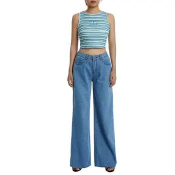 Модные женские классические джинсы-клеш в стиле хип-хоп, повседневные джинсы свободного кроя с высокой талией, выстиранные Джинсы с широкими штанинами, уличная одежда Светло-синего Темно-синего цвета