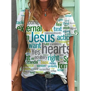 Летняя женская рубашка с V-образным вырезом и буквенным рисунком, Уличная удобная дышащая повседневная футболка с короткими рукавами, Новая верхняя футболка