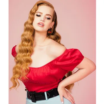 30-летний винтажный крестьянский топ в стиле пинап 50-х годов с открытыми плечами и вырезом лодочкой, укороченные топы красного цвета, женская футболка в стиле рок размера плюс