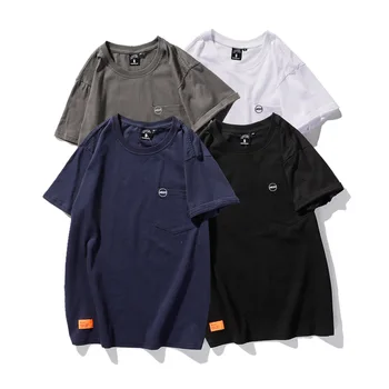 Мужская черная футболка с коротким рукавом и круглым вырезом, Летние мужские топы, хлопковые повседневные футболки с карманом на груди, китайский размер M-XXL