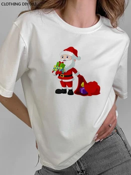 Одежда Летняя футболка Harajuku с оленьими рогами, универсальная рождественская футболка, женский топ с принтом снеговика, женский подарок, короткий рукав