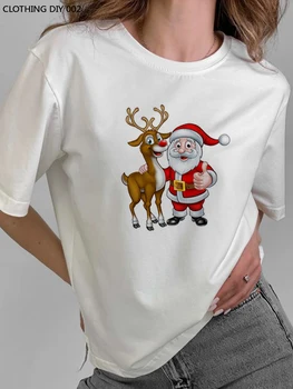 Одежда Летняя футболка Harajuku с оленьими рогами, универсальная рождественская футболка, женский топ с принтом снеговика, женский подарок, короткий рукав Одежда Летняя футболка Harajuku с оленьими рогами, универсальная рождественская футболка, женский топ с принтом снеговика, женский подарок, короткий рукав 3