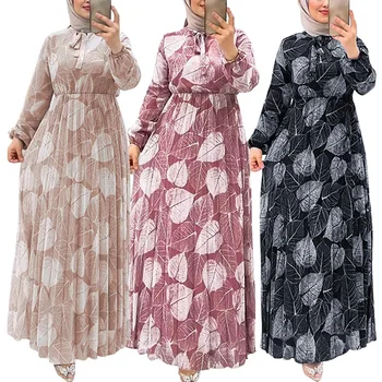 Женщины Ближнего Востока, Дубай, Новое Плиссированное Модное мусульманское платье с принтом листьев, Элегантные Турецкие длинные платья с длинными рукавами, Vestidos