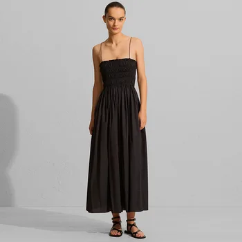 2023 Плиссированное платье с поясным ремнем, женское простое черное длинное платье