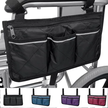 Многоцелевой подлокотник для инвалидной коляски для хранения сбоку Ткань Оксфорд, несколько карманов со светоотражающими полосками, подвесная сумка для хранения детской тележки