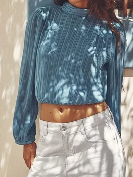 Элегантные однотонные блузки с открытой спиной, Новинка 2023 года, Модная шикарная плиссированная короткая рубашка с длинным рукавом, женские винтажные простые блузки