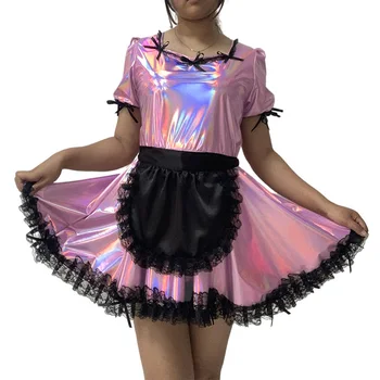 Сисси Блестящие лазерные нарядные платья горничной в стиле Лолиты с пышными рукавами, плиссированное мини-платье горничной на замке, униформа горничной для косплея на Хэллоуин