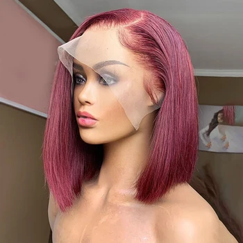 99J Красный парик Бургандия Парики из человеческих волос Прямой парик Боб 13x4 Цветные парики из человеческих волос на шнурке, предварительно выщипанные парики для продажи для женщин