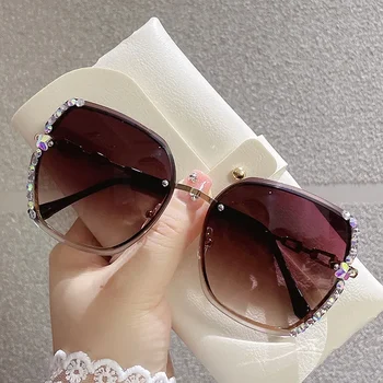 Солнцезащитные очки со стразами без оправы Для женщин С металлической отделкой, Серо-Розовые Солнцезащитные очки с градиентом, Женские модные Брендовые Дизайнерские очки