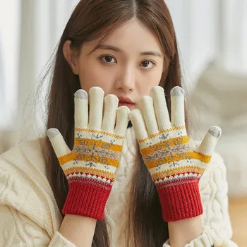 Женские вязаные перчатки Зимние Теплые перчатки для верховой езды из толстого плюша для девочек, студенческие хлопчатобумажные перчатки с раздвоенными пальцами, защищающие от холода на открытом воздухе