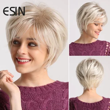Синтетические парики ESIN Светло-коричневое омбре, Белые короткие волосы, натуральный повседневный парик С челкой, волнистый фронтальный парик-боб, Женские парики