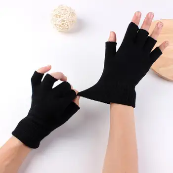 1 пара черных перчаток на полпальца, женские мужские шерстяные вязаные перчатки из пряжи, однотонные эластичные теплые варежки для верховой езды, спортивные тренировочные рукавицы