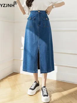 YZJNH 2024 Весенняя новая юбка-полукомбинезон женская Hong Kong Flavor С высокой талией, джинсовая юбка-полукомбинезон трапециевидной формы с разрезом, женская юбка-полукомбинезон