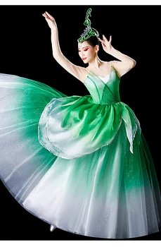Атмосферный танцевальный дебютный костюм с юбкой-качалкой, женский танцевальный костюм с большим зеленым веером, современная танцевальная песня, танцевальный длинный