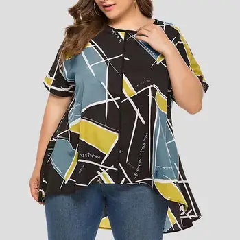 Топ с круглым вырезом, стильная женская летняя футболка с геометрическим принтом из мягкой дышащей ткани, неровный подол, модные цвета в тон.