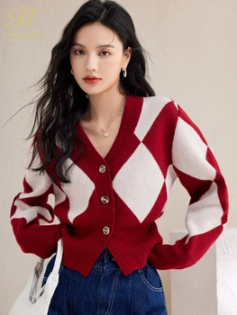 H Han Queen Осень-зима, простые базовые вязаные кардиганы с решеткой, свитера, женские топы, V-образный вырез, Винтажный свободный свитер с длинным рукавом