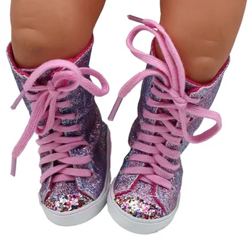 43 см обувь для кукол-младенцев, Нежная блестящая фиолетово-синяя парусиновая обувь с высоким берцем, Детские игрушки, подходят для американских 18-дюймовых кукольных ботинок для девочек