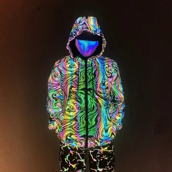 3D геометрический узор, красочная светоотражающая куртка, мужская эластичная дышащая куртка-бомбер в стиле хип-хоп, креативные светоизлучающие куртки