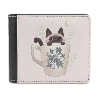 Сиамский кот в чайной чашке Кожаный бумажник Держатель для кредитной карты Роскошный кошелек Сиамский кот Сиамский котенок Сиамский котенок Кошка Китти