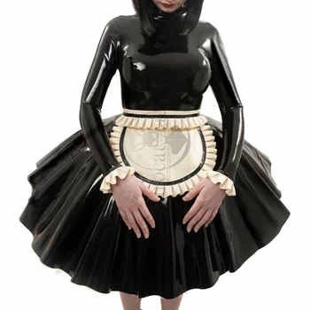 Сексуальное латексное платье французской горничной С оборками, манжеты на фартуке, молния сзади, резиновая форма, облегающий комбинезон