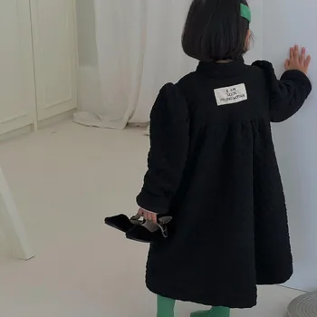 8032 Корейская Детская одежда, Пальто для девочек, Новинка Зимы 2023, Детское модельное пальто, Черное Хлопковое Длинное пальто С Пузырчатыми рукавами