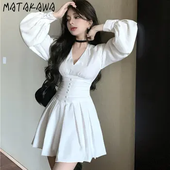 Белые женские платья Matakawa с V-образным вырезом и длинным рукавом, Vestidos Mujer, Корейская мода, Элегантный Винтажный Женский халат с высокой талией.