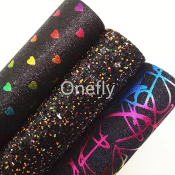 Onefly 21X29 см Черная блестящая ткань с принтом сердечек, блестящие кожаные тканевые простыни для банта, сумки, обувь, сделанные своими руками, DQ030