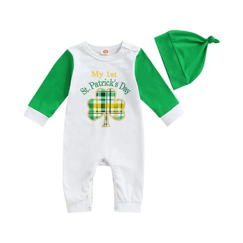 Весенняя одежда для малышей из 2 предметов, комбинезон с длинными рукавами и принтом клевера для малышей + шапка для девочек, мальчиков, 0-18 месяцев